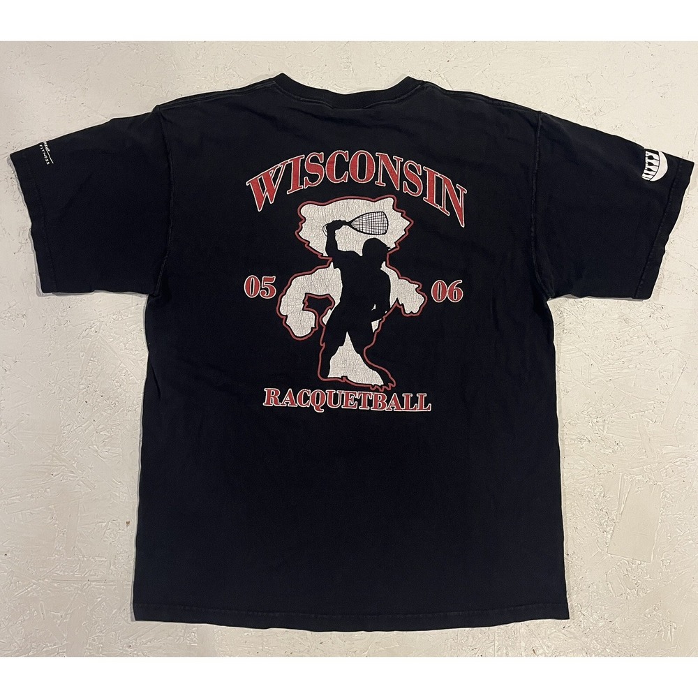 Vintage Wisconsin Badgers Racquetball Shirt Mens L Black Red 2005 Short Sleeve